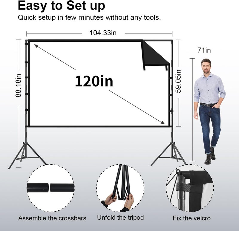 TOWOND Outdoor Projector Screen with Stand, 120 inch Portable Projector Screen Black Backing, Indoor Projection Screen 16:9 4K HD Wrinkle-Free Movie Screen with Carry Bag for Backyard Movie Night - Image 3